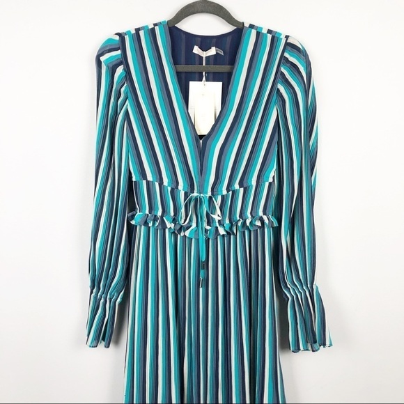 Ramy Brook Printed Hazel Striped Ruffle Long Sleeve Midi Dress Size 0 Blue Party - Picture 4 of 9